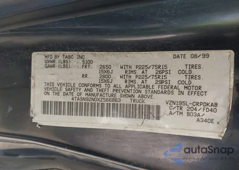 1999 Toyota Tacoma Prerunner V6 z USA, uszkodzony, nr VIN 4TASN92N0XZ566863